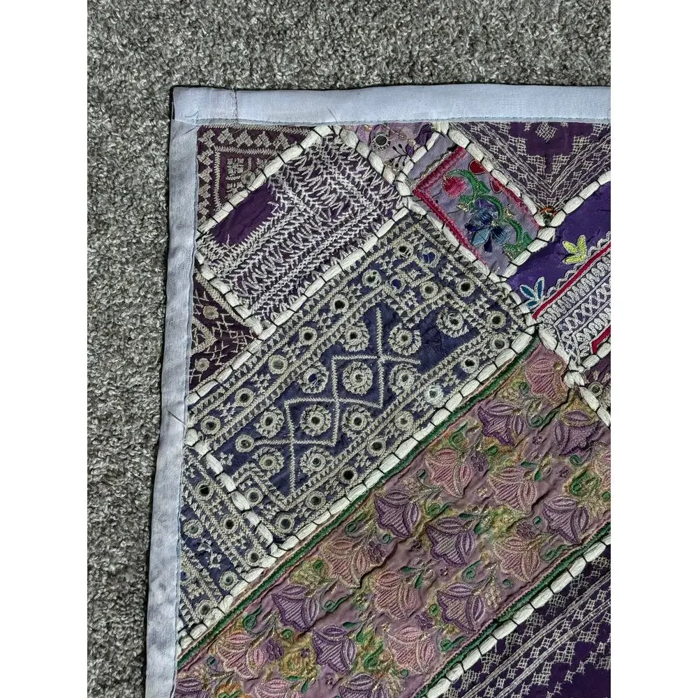 VTG Handmade Indian Patchwork Wall Hanging Rug Mirror Work Embroidered Textile